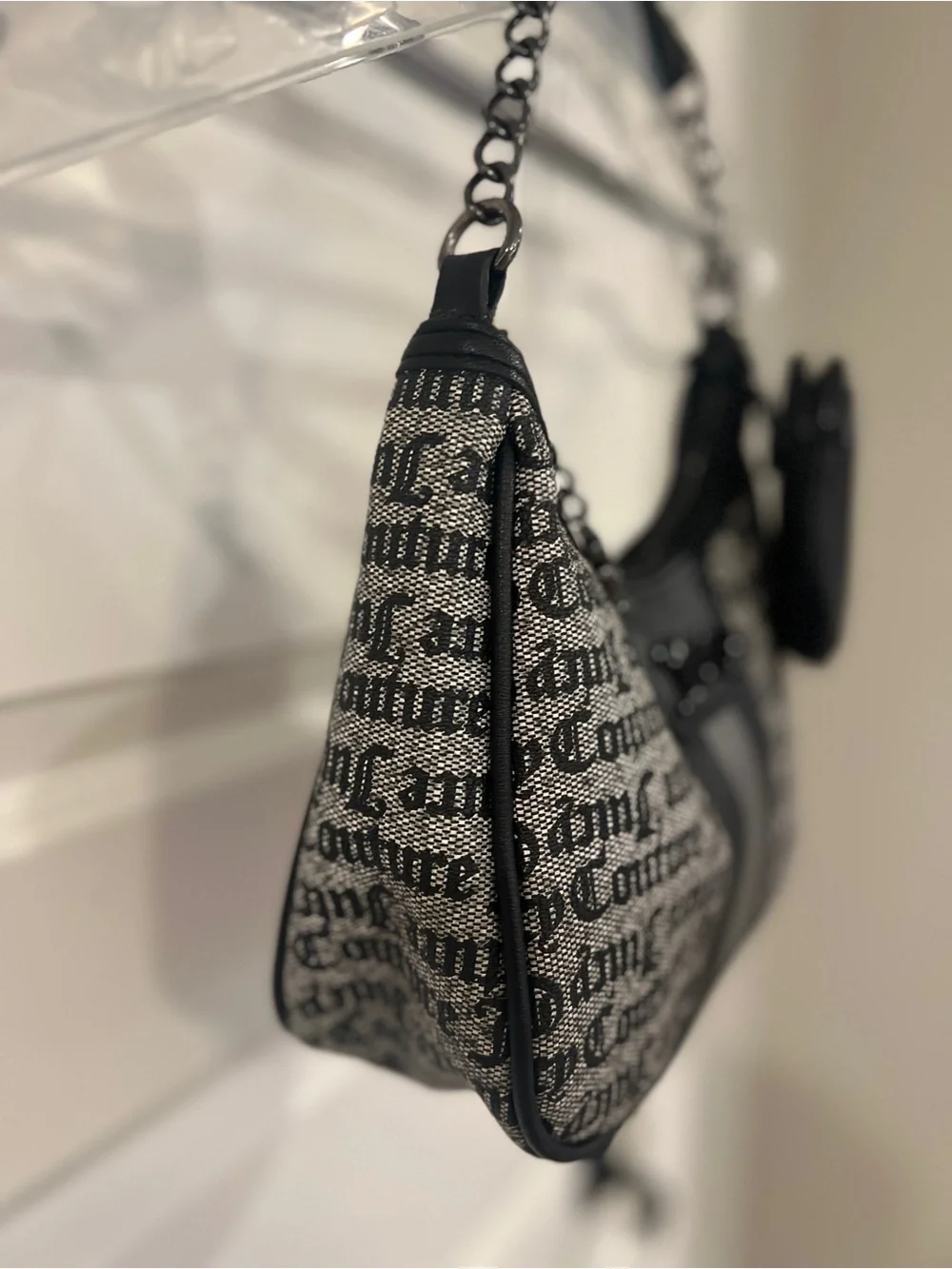 Juicy Couture Black Logo Jacquard Shoulder Bag with Detachable Pouch